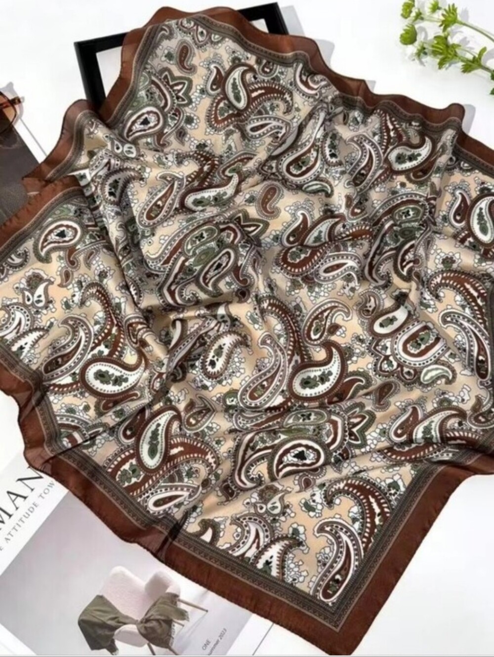 Silk-feel Paisley Scarf in Brown & Beige Head & Neck Scarf